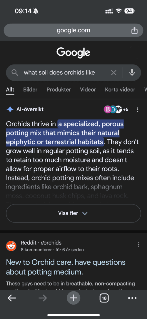 Google search results for "what soil does orchids like" showing an AI-generated answer highlighting that orchids thrive in a specialized, porous potting mix that mimics their natural epiphytic or terrestrial habitats, and do not grow well in regular potting soil.