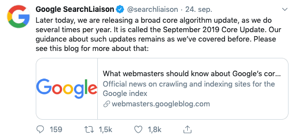 Tweet from Google SearchLiaison about the Core Update