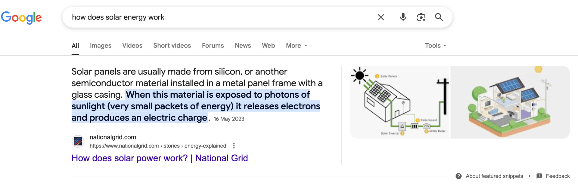 Google featured snippet explains how solar energy works