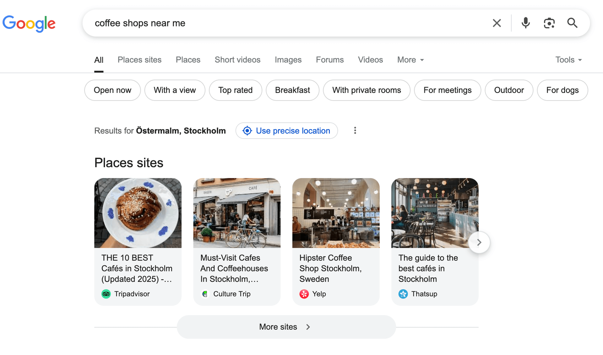 Google search results for "coffee shops near me" showing a local pack with recommended coffee shops.