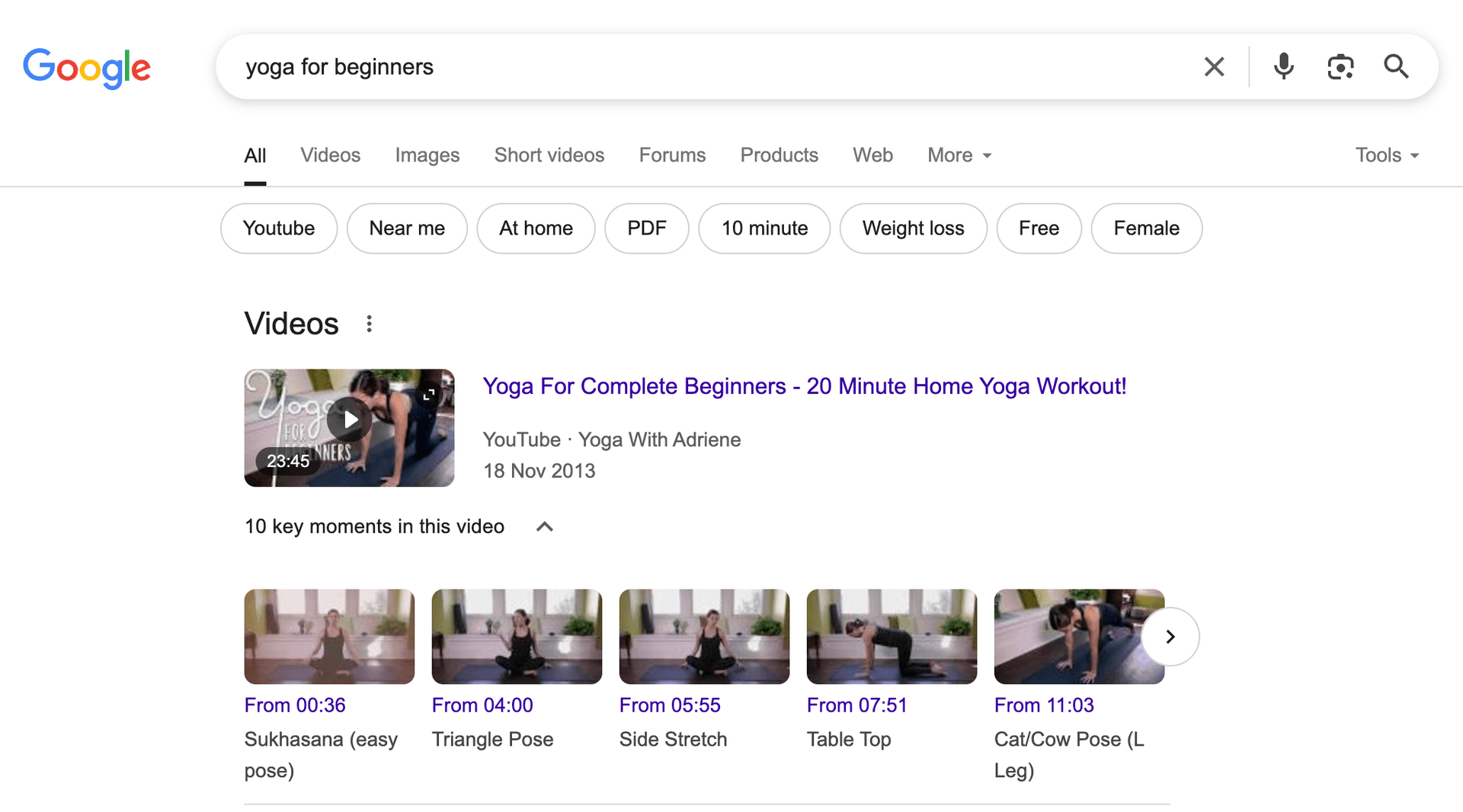 Google search results for "yoga for beginners" featuring a video carousel with a YouTube video.