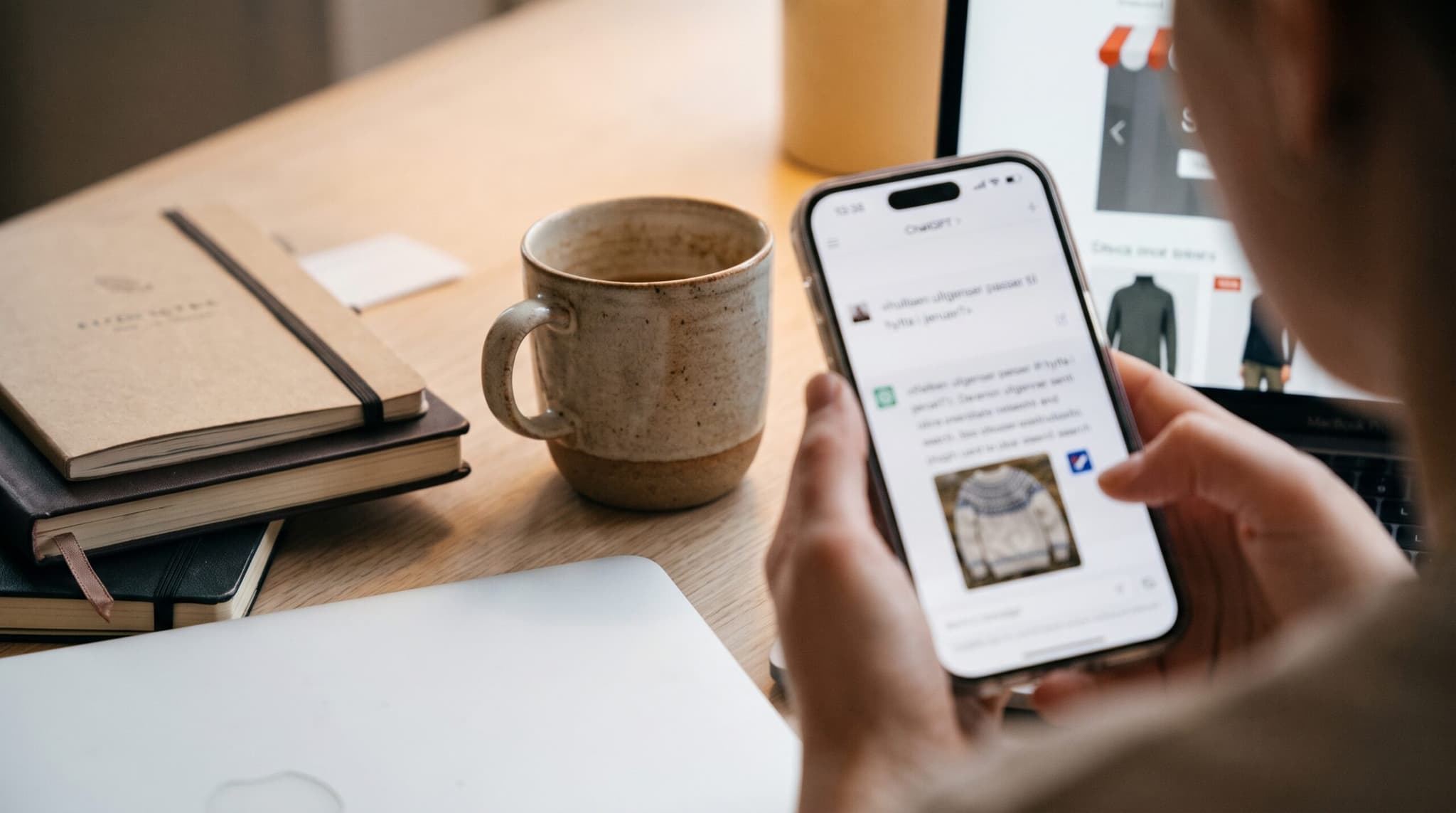 En person holder en mobil med en KI-chat som foreslår en ullgenser