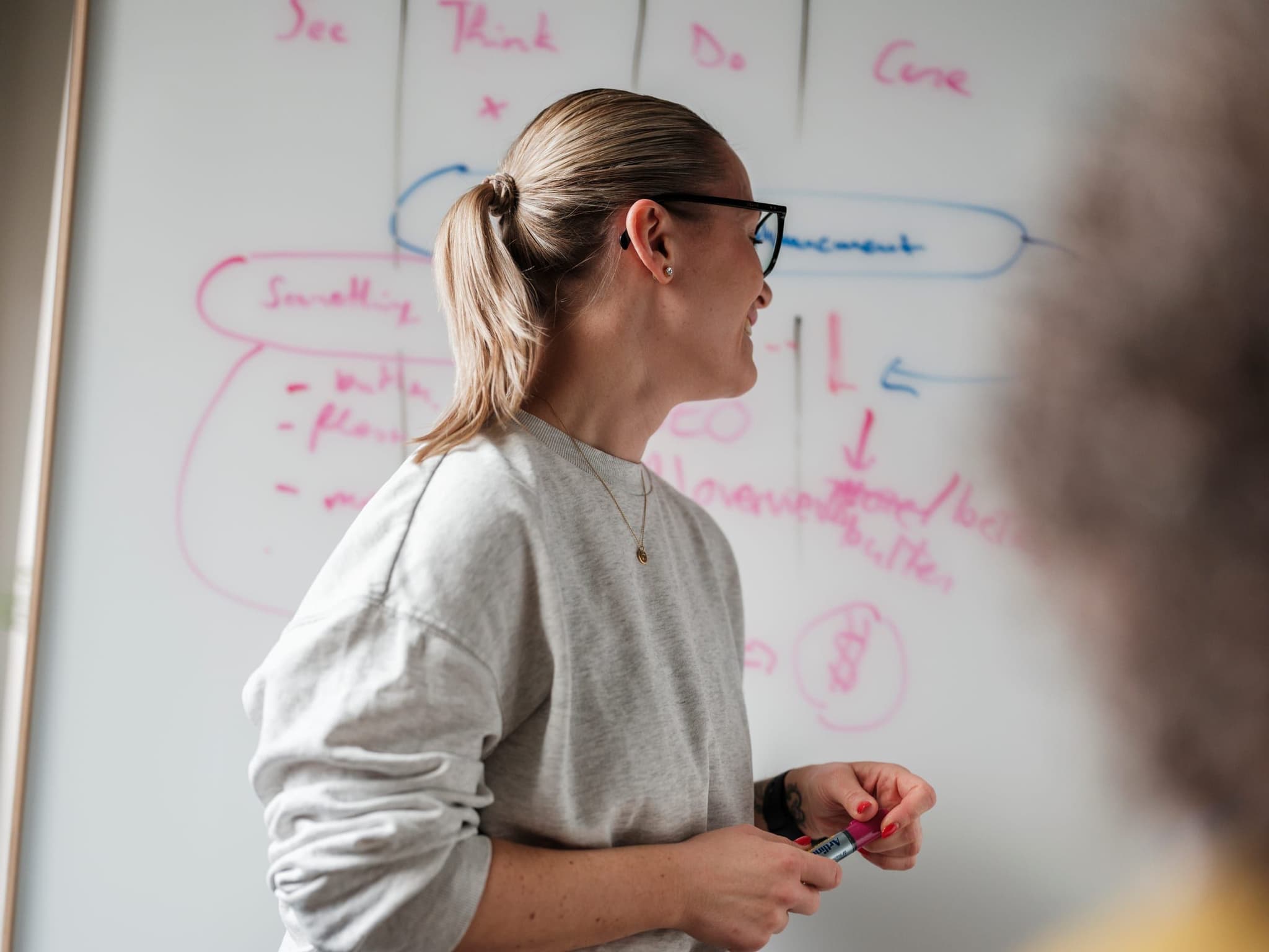 A Curamando consultant at a whiteboard covered in a see–think–do–care sketch, marker in hand