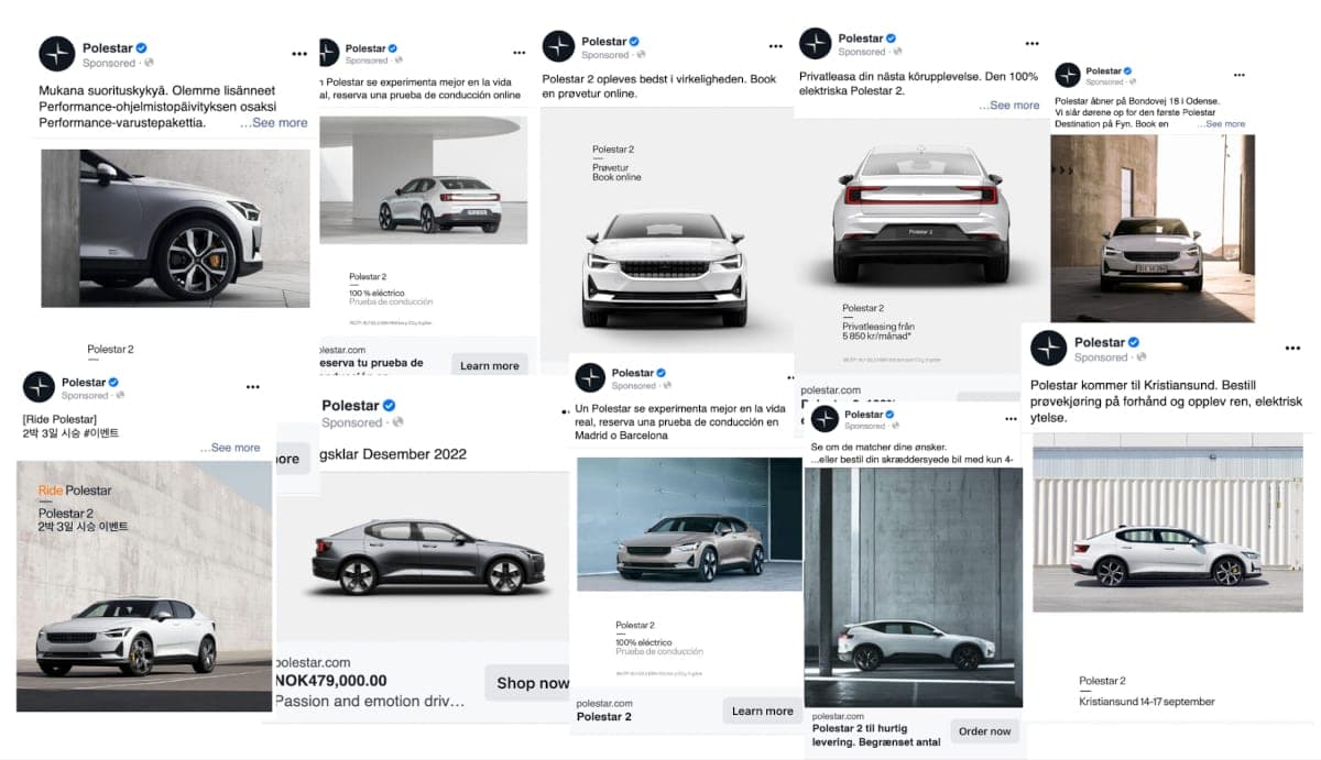 A collage of Polestar 2 advertisements in various languages, showcasing different angles of the electric car. The images include side views, front and rear views, and the car in different settings. Text in the ads promotes features like performance updates, online booking, and test drives in various locations. Some ads mention specific events or offers, such as pricing details and availability in certain cities.
