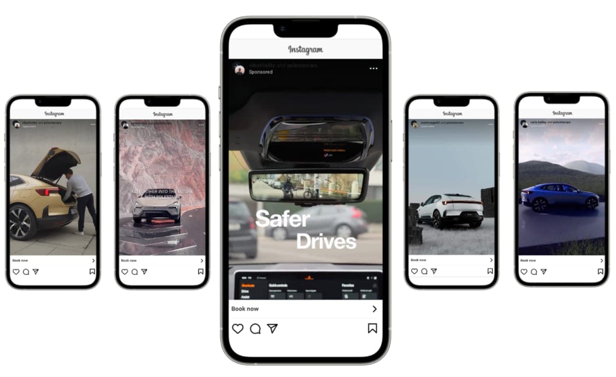 A series of five smartphones displaying Instagram ads for Polestar cars.