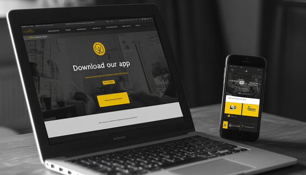 Laptop showing a website optimized for download the app. Next to the laptop there is a smartphone showing the app.