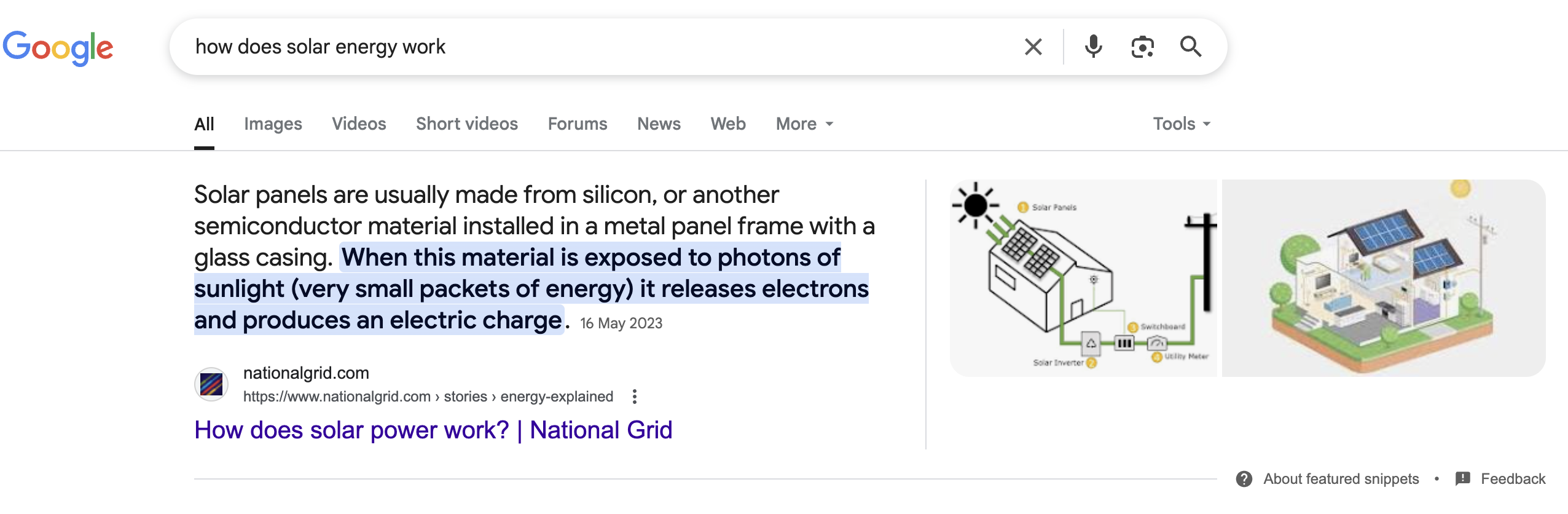 Google featured snippet explains how solar energy works