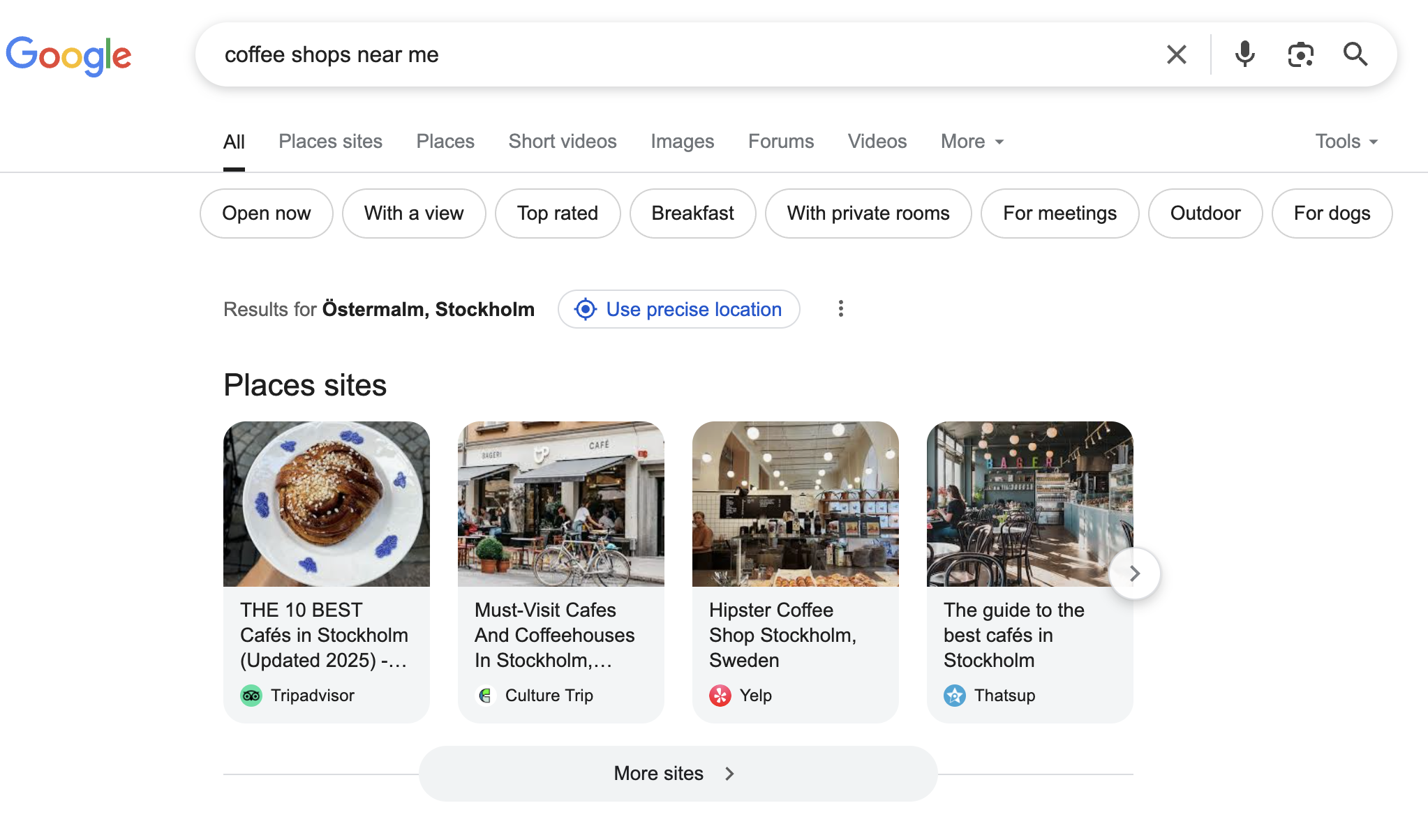 Google search results for "coffee shops near me" showing a local pack with recommended coffee shops.