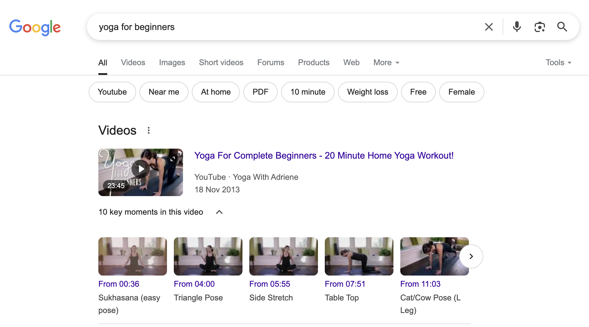 Google search results for "yoga for beginners" featuring a video carousel with a YouTube video.