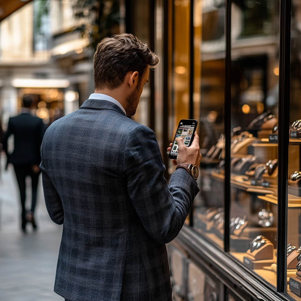 A man in his thirties wearing a well-fitted suit stands in front of a luxury watch store display, using ChatGPT on his smartphone to assist with shopping.