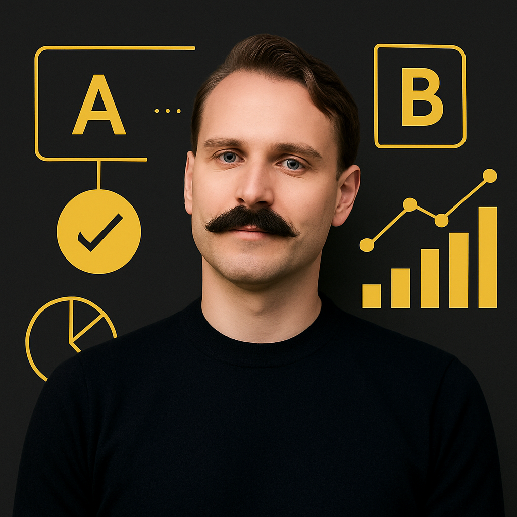 A man evaluating the A/B test of his mustasch.