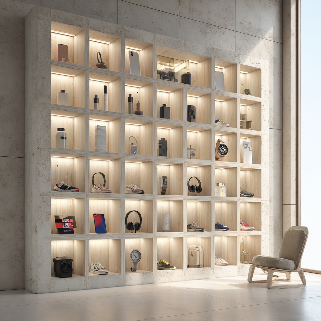 Image to visalize writing google ads in a conceptual way with a modern, minimalist display wall with a grid of illuminated wooden cubby shelves, each showcasing a single product such as smartphones, headphones, sneakers, cameras, watches, and designer accessories, set against a light stone wall with a soft beige lounge chair placed nearby.
