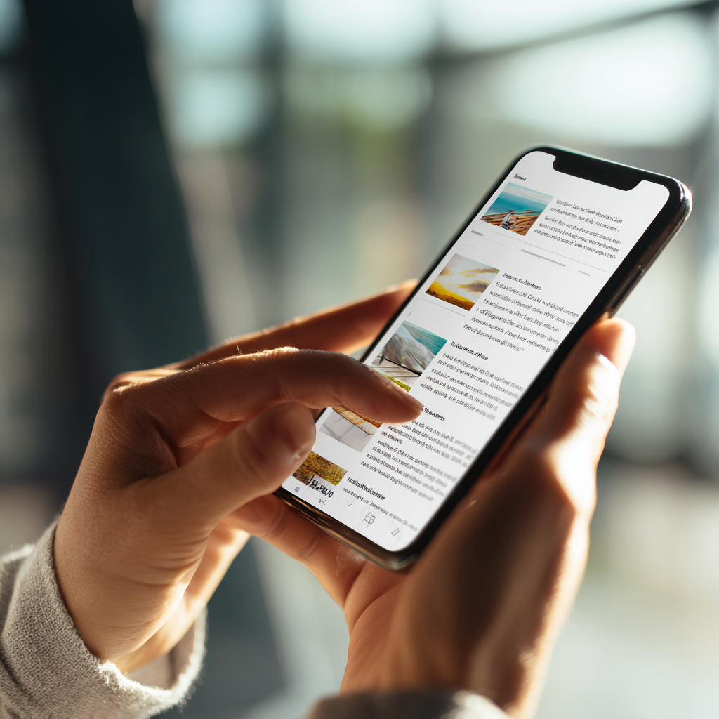 Hands scrolling a newsletter on a smartphone
