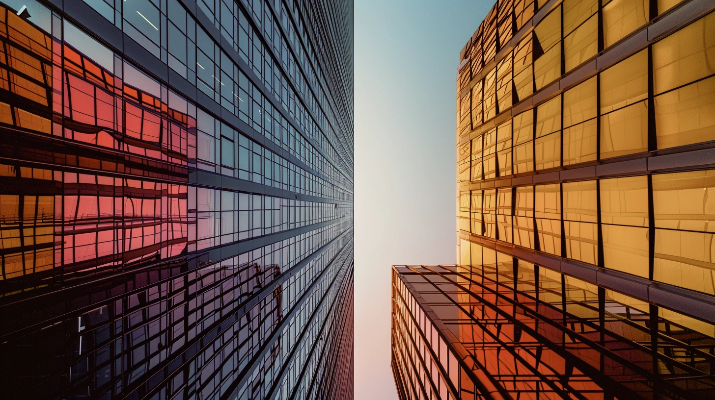Two skyscrapers, one yellow and one blue, rising from the same ground.