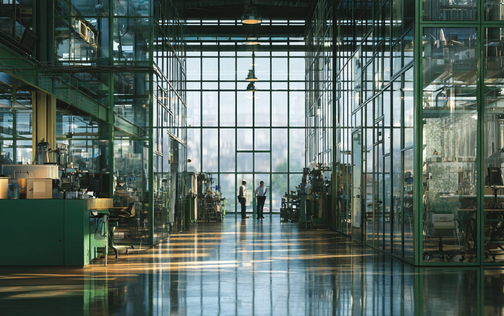 A spacious, modern workspace with glass walls, industrial design, and soft daylight reflections. Symbolizing collaboration, precision, and innovation.
