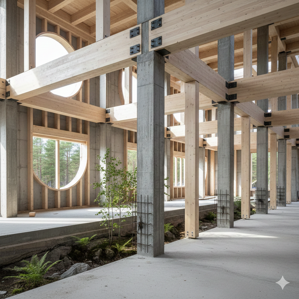 Interior view of a timber-and-concrete building structure with exposed wooden beams, concrete columns, large circular windows, and natural light illuminating plants integrated into the floor.