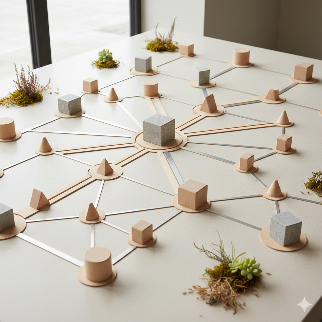 Abstract tabletop model showing a network of interconnected wooden and stone geometric shapes linked by lines, representing systems, relationships, or strategic connections, with small natural elements placed around the layout.
