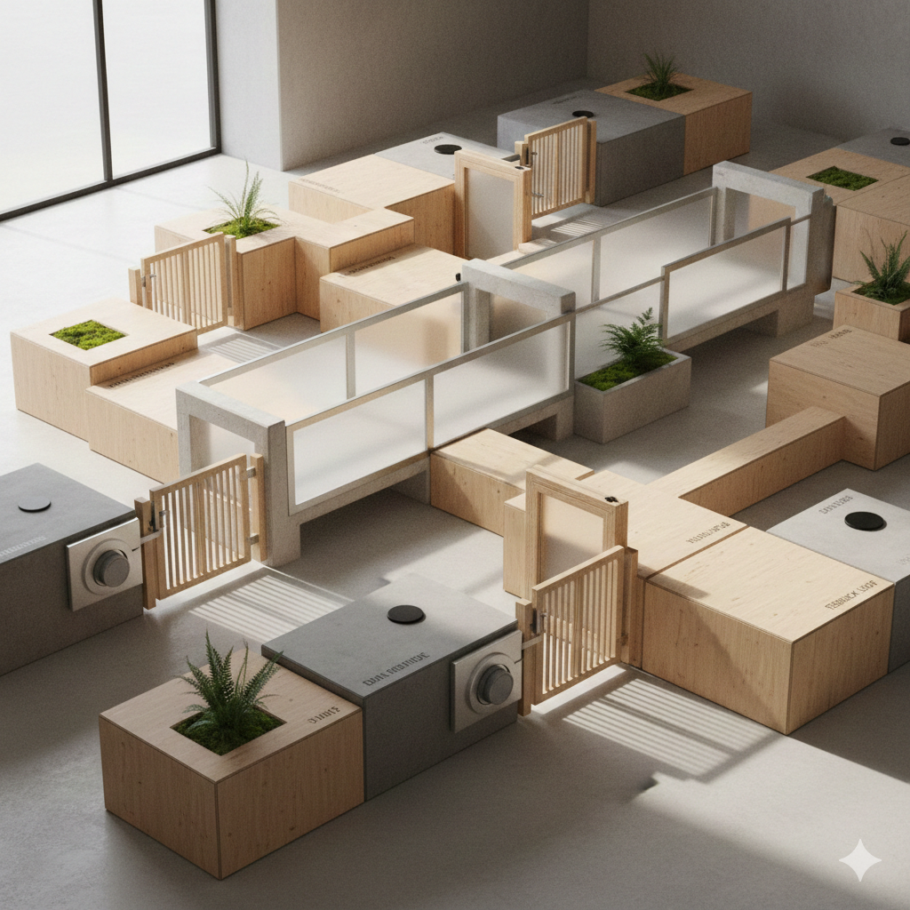 Architectural scale model of a modular interior system made of wood and concrete, featuring bridges, gates, planters, and defined pathways that suggest spatial flow and functional zones.