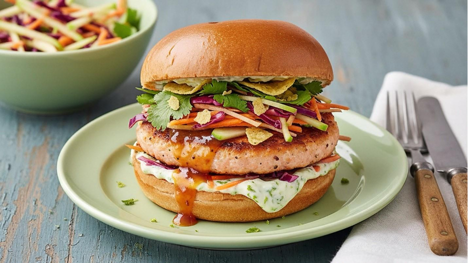 Burger with coleslaw and peanuts on brioche bun served on green plate with side salad