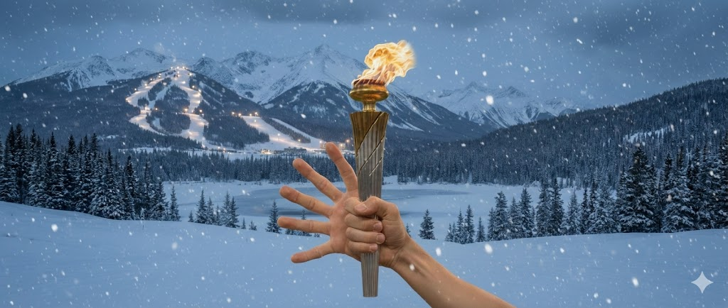 AI-generated image of an arm holding a lit Olympic-style torch against a snowy mountain backdrop. The hand is anatomically incorrect, featuring seven fingers: four splayed outward and three gripping the torch.